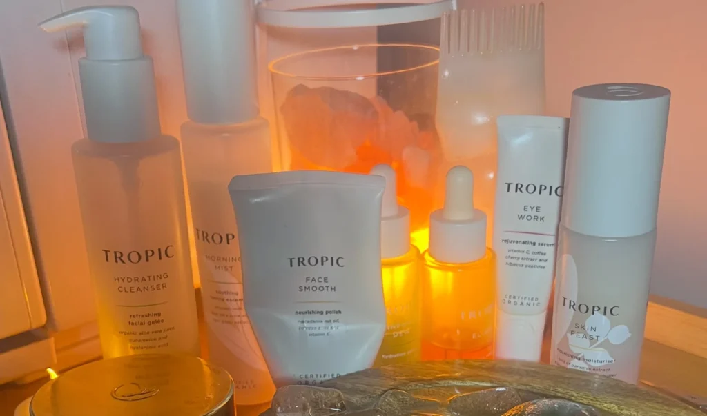Warmly lit organic skincare ready for a facial